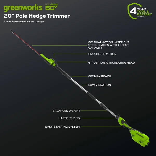Greenworks 60V 20 Pole Hedge Trimmer with 2.0 Ah Battery & 3 Amp Charger 2307502 - Image 2