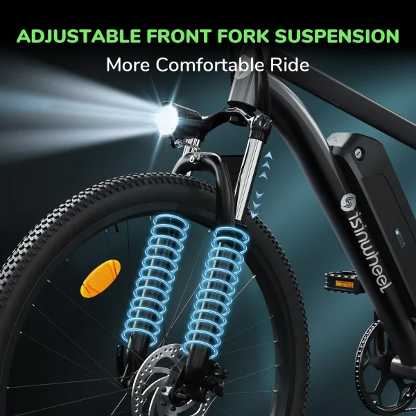 isinwheel M10 Electric Bike for Adults with 500W Motor, 20mph Max Speed, 374.4WH Removable Battery Ebike, 26 Electric Mountain Bike with 35-Speed and Front Suspension (Black) - Image 7