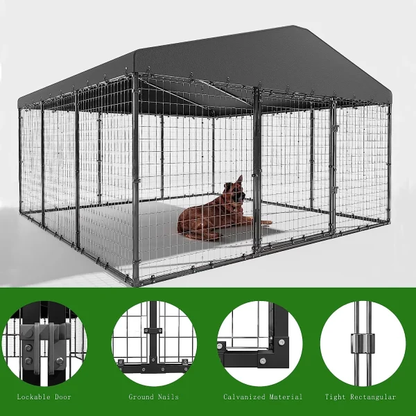 ALAULM Large Heavy Duty Outdoor Dog Kennel, Galvanized Steel Dog Kennel Fence with Roof and Double Safety Locks - Image 5