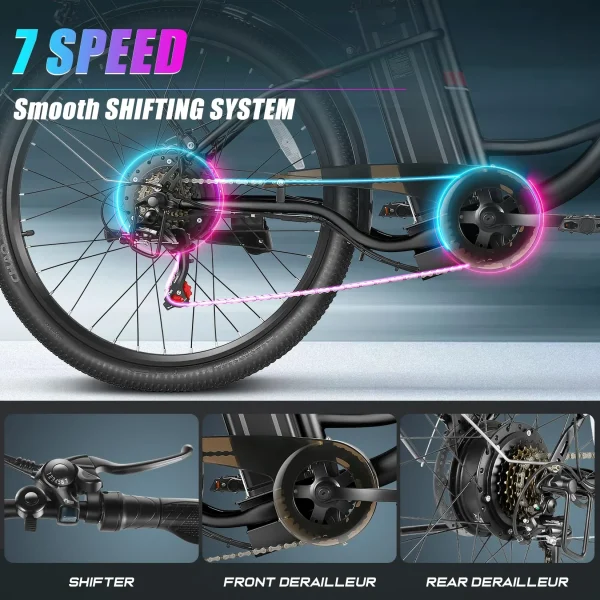 Vivi Electric Bike, 26 Electric Bicycle for Adults, 500W City Cruiser Ebike with 48V Removable Battery, 7 Speed Commuter Bike 20MPH & 50 Mile Range Adult Electric Bikes with Cruise Control - Image 6