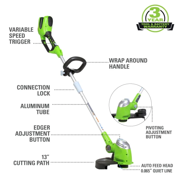 Greenworks 40V 13 Cordless String Trimmer/Edger with 2.0 Ah Battery & Charger 21302 - Image 2
