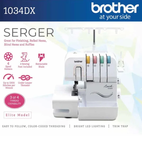 Brother 1034DX Easy-to-Use 3 or 4 Thread Serger with Color Coded Thread Guides - Image 2