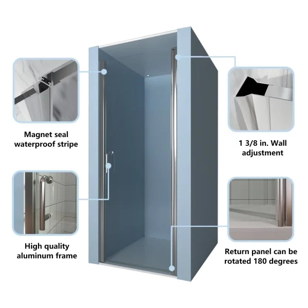 Classy 24-25.5 W x 72 H Small Shower Door Hinged Pivot Chrome Install Clear Glass Shower Door - Image 6