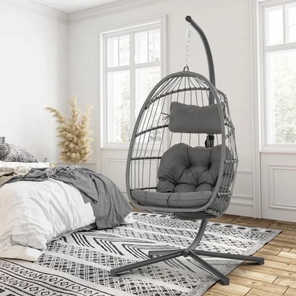 Hanging Egg Chair with Stand and Fluffy Cushion Lounge Wicker Iron Swing Chairs,light gray - Image 3