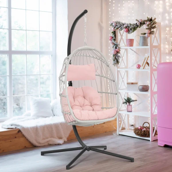 Hanging Egg Chair with Stand and Fluffy Cushion Lounge Wicker Iron Swing Chairs,light gray - Image 8