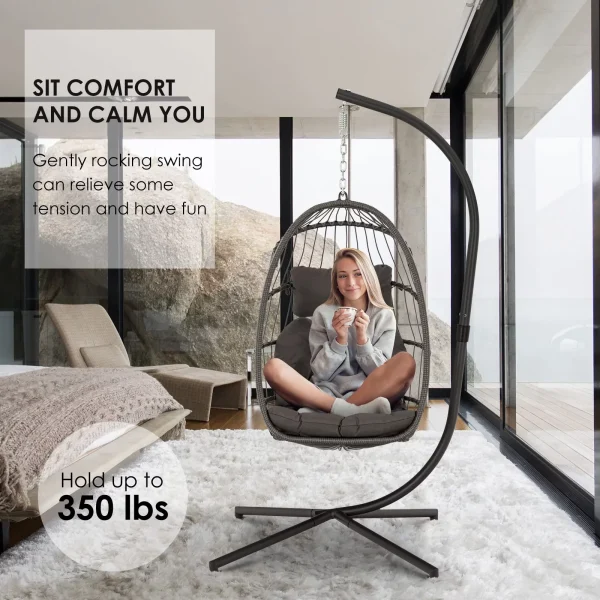 Hanging Egg Chair with Stand and Fluffy Cushion Lounge Wicker Iron Swing Chairs,light gray - Image 7