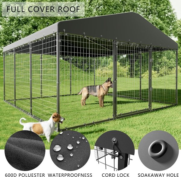 ALAULM Large Heavy Duty Outdoor Dog Kennel, Galvanized Steel Dog Kennel Fence with Roof and Double Safety Locks - Image 6