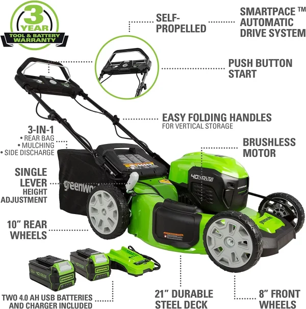 Greenworks 40V 21 Brushless (Smart Pace) Self-Propelled Lawn Mower, 2 x 4Ah USB (Power Bank) Batteries and Charger Included MO 21 Mower (2 x 4.0Ah) - Image 2