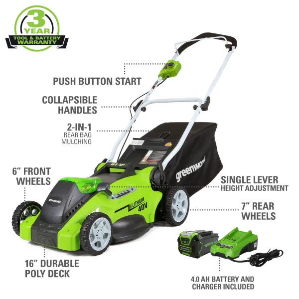 Greenworks 40V 16 Battery Powered Push Lawn Mower with 4.0 Ah Battery 25322 - Image 2