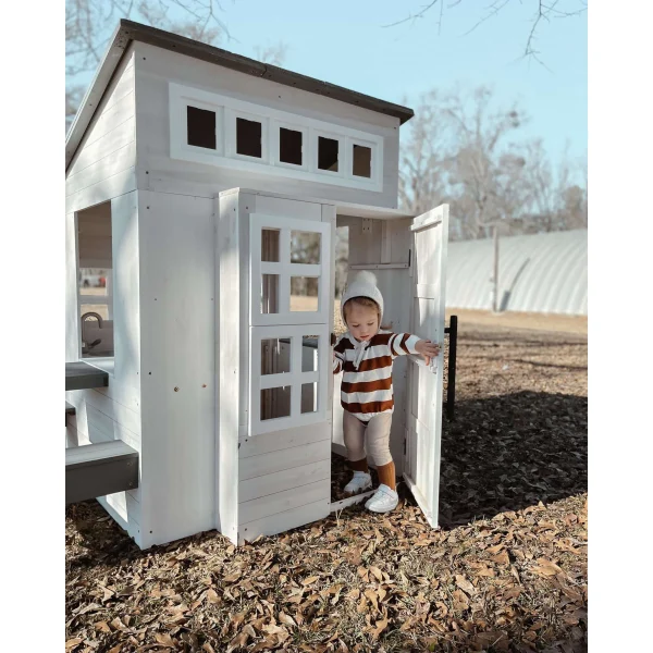 KidKraft Modern Outdoor Wooden Playhouse with Picnic Table, Mailbox & Outdoor Grill, White - Image 10