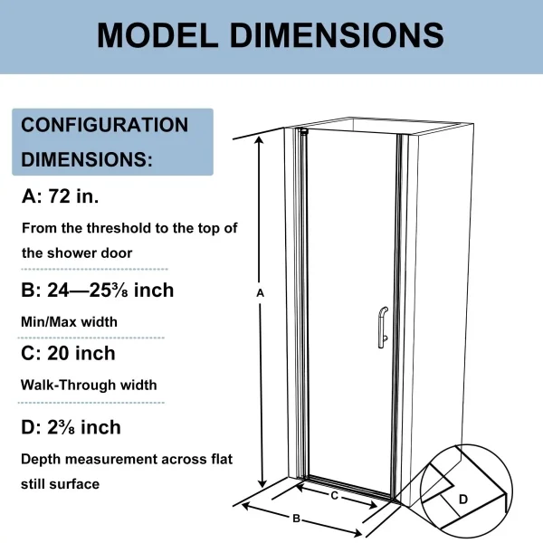 Classy 24-25.5 W x 72 H Small Shower Door Hinged Pivot Chrome Install Clear Glass Shower Door - Image 2