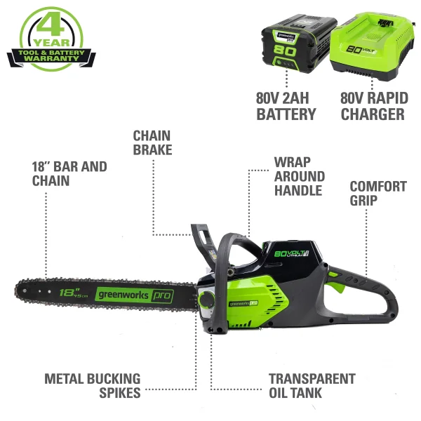 Discontinued - Greenworks 80V 18-inch Cordless Brushless Chainsaw Kit with 2.0 Ah Battery & Charger, 2004602 - Image 2