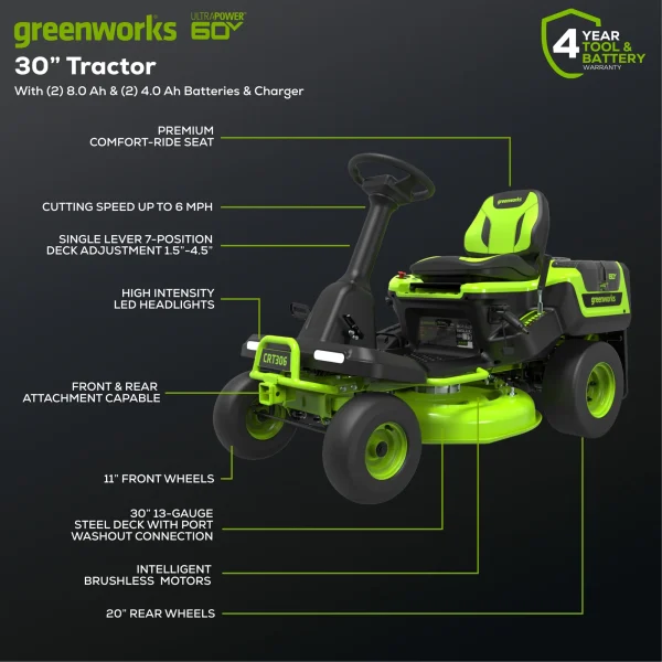 Greenworks 60V 30" CrossoverT Riding Lawn Tractor with (2) 8.0 Ah, (2) 4.0 Ah Batteries & 600-Watt Charger 7421902 - Image 2