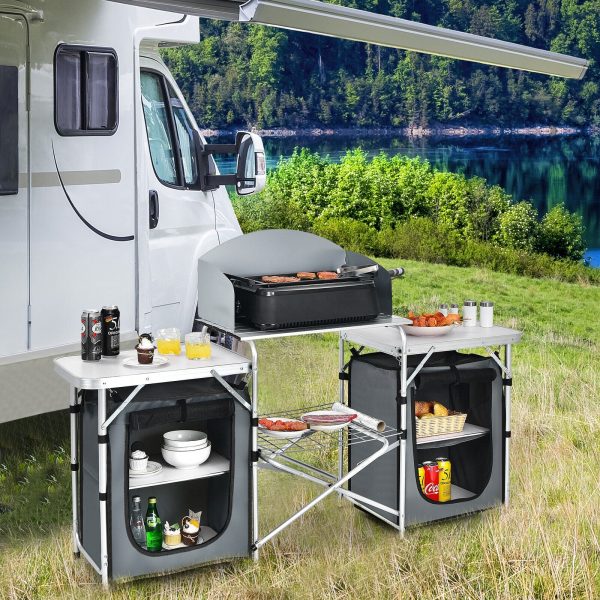 Heavy Duty Portable Folding Aluminum Camping Grill Table w/ Windscreen Storage Organizer - Image 3